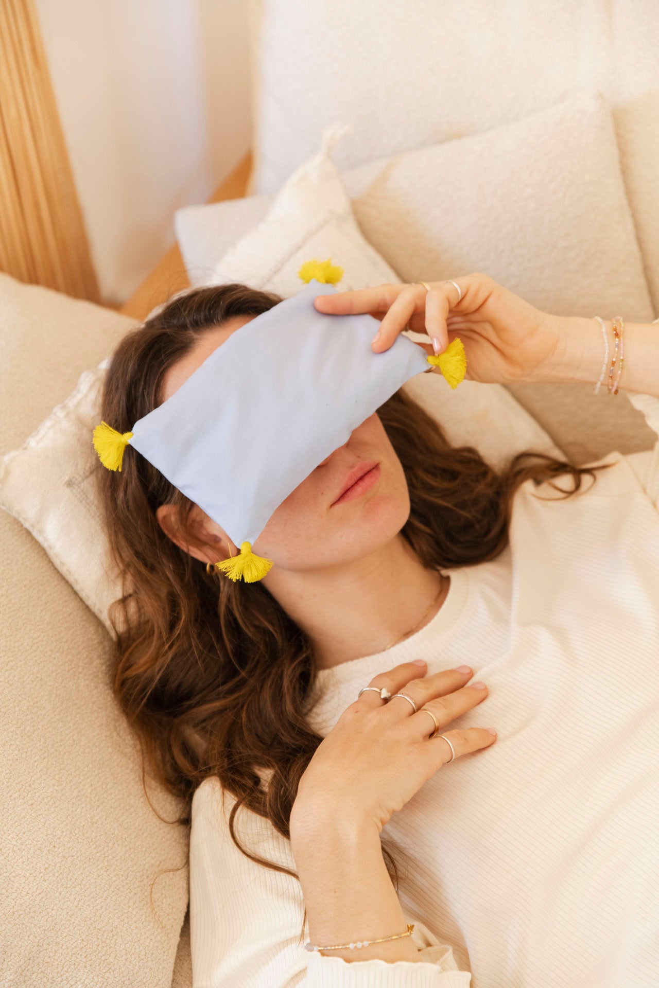 eye pillow - RAHA tassels - light blue