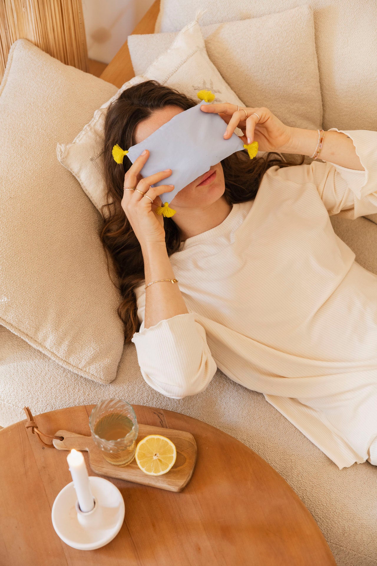 eye pillow - RAHA tassels - light blue